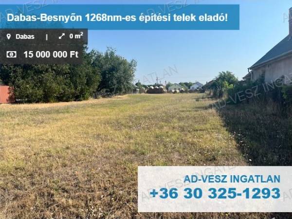 #8268 Dabas, Sári- Besnyő városrész, belterületén 1268nm-es építési telek eladó!