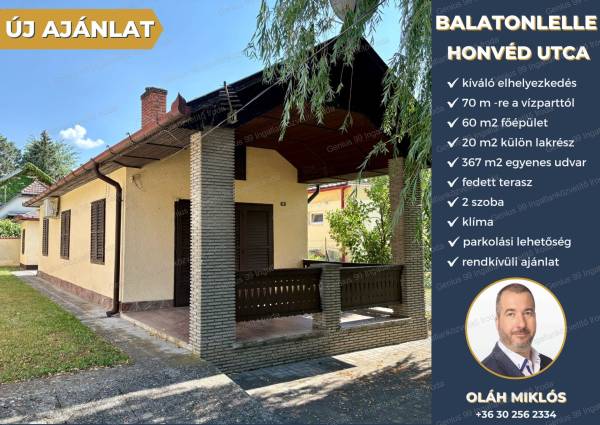 #11893 Balatonlellén, pár percre a vízparttól eladó egy kiváló adottságokkal rendelkező 2 szobás családi ház, 367 m2-s egyenes parkosított udvarral, melyen még egy 20 m2-s külön lakrész is helyett kapott.